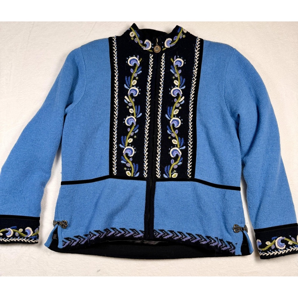 Vintage Icelandic Design Wool Jacket Womens M Blue Embroidered Nordic Folk Art
